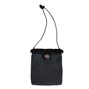 black tapestry shoulder bag/purse magnet closure fringe top flower + button